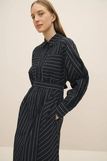 Kowtow Yves Shirt Dress Navy Pinstripe Dalston